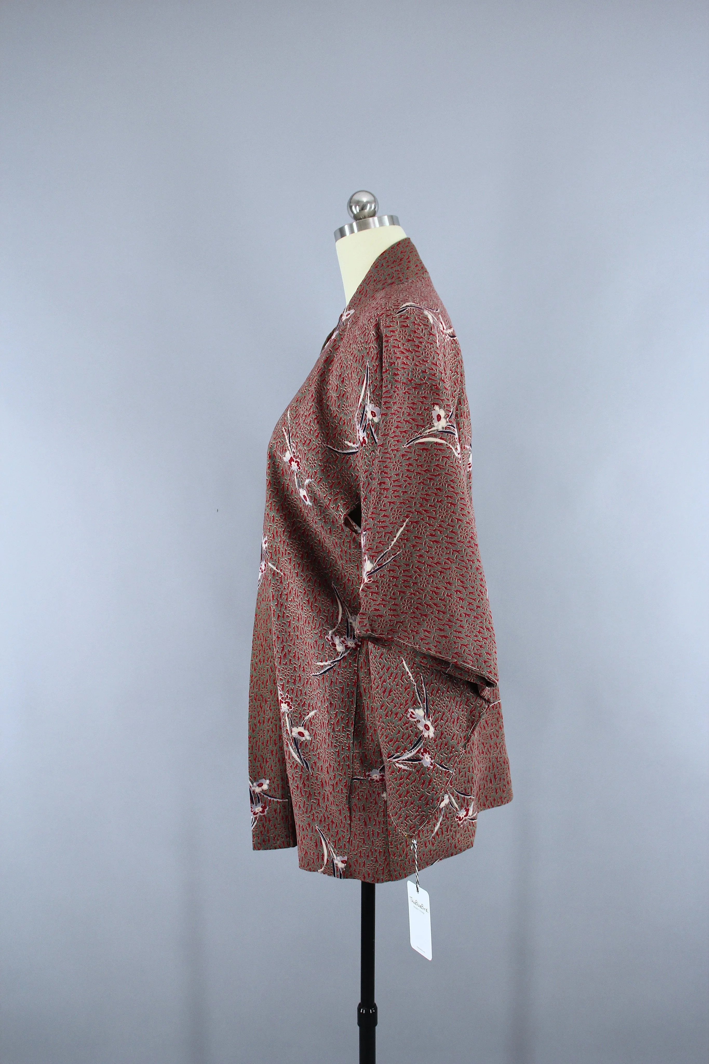 1940s Vintage Haori Kimono Jacket Cardigan / Brown Red Abstract Floral Print