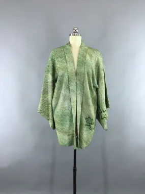 1960s Vintage Silk Haori Kimono Cardigan Jacket with Green Ombre Shibori Stars