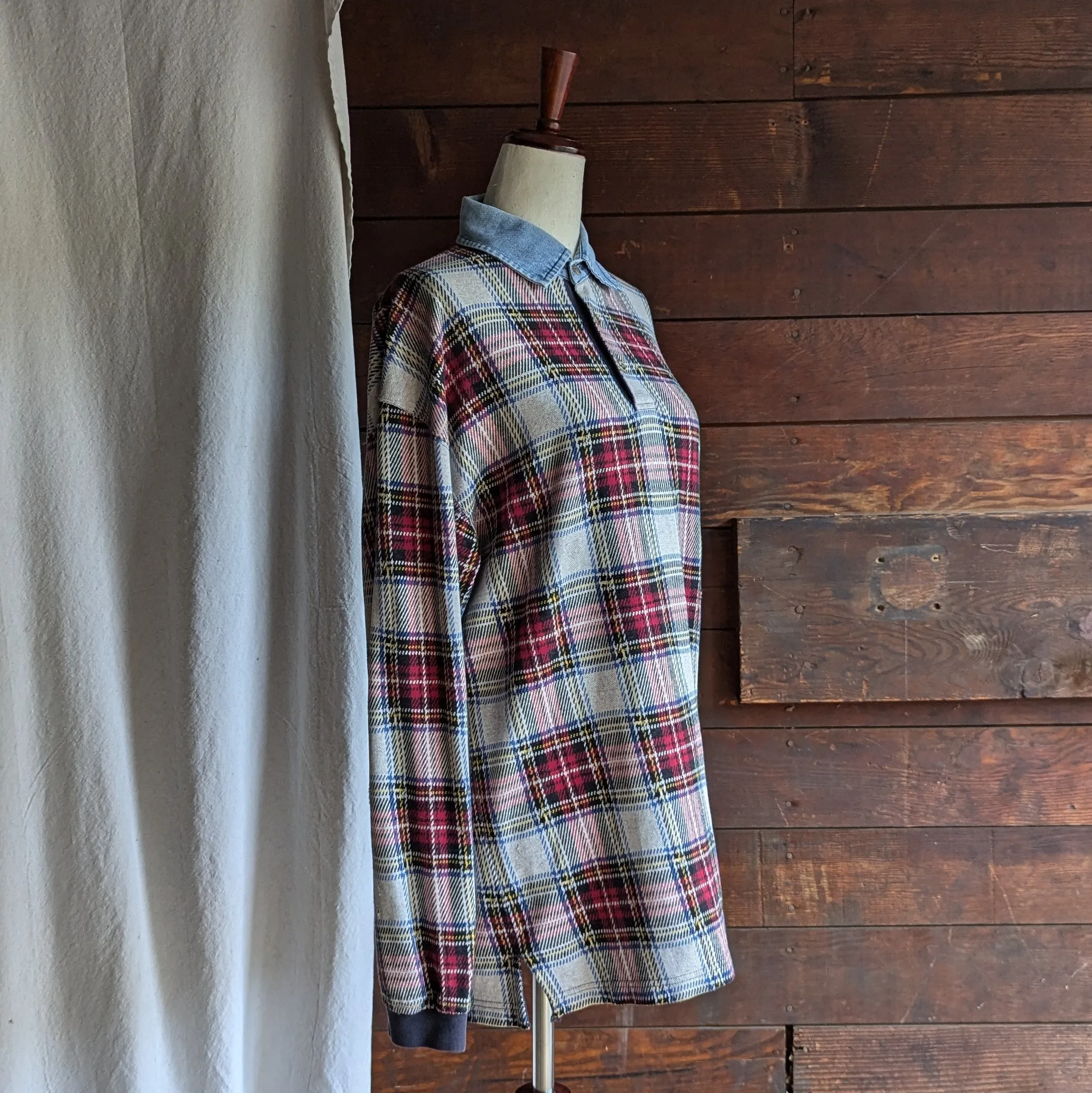 90s Vintage Plaid and Denim Polo Sweater