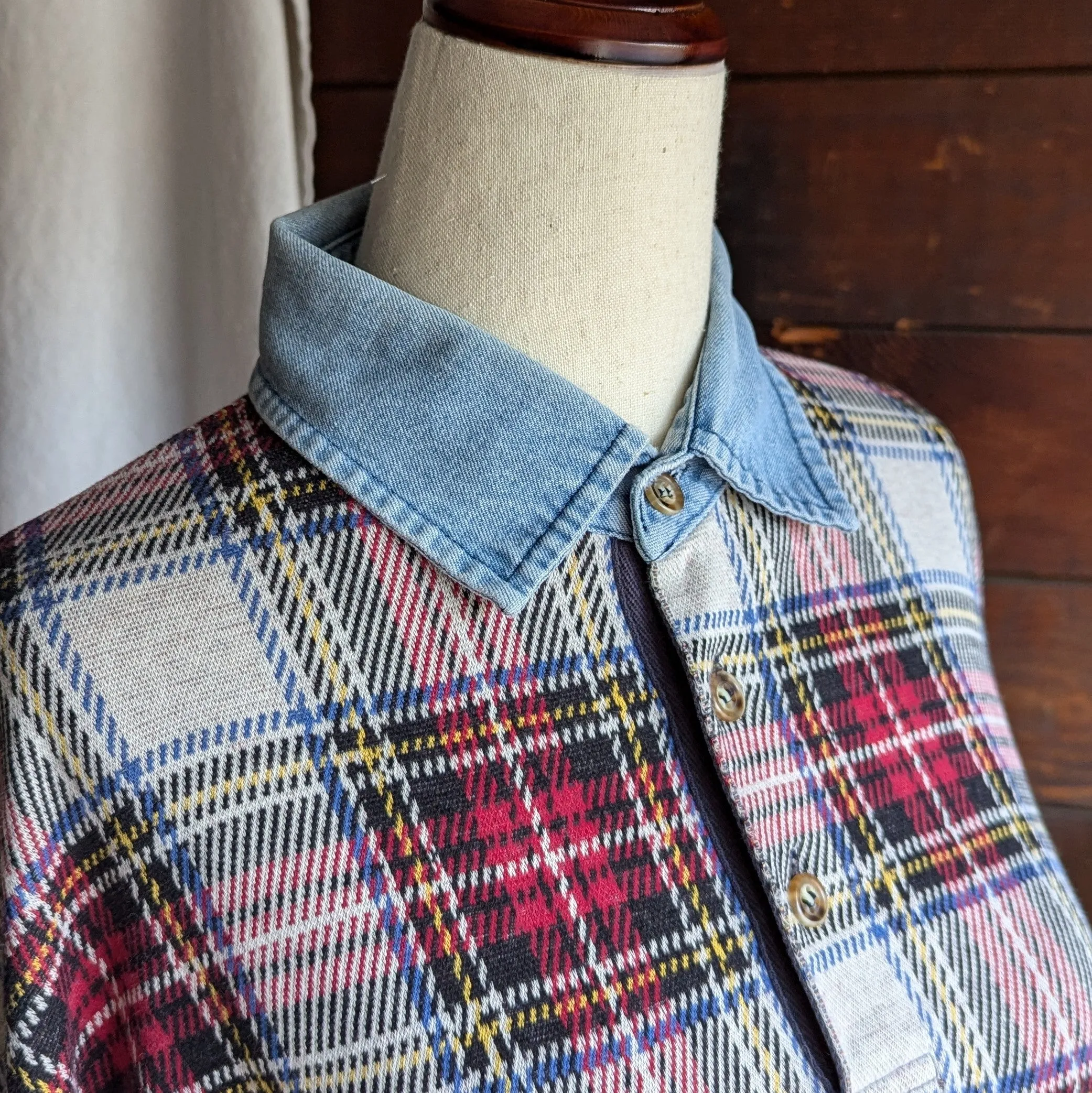 90s Vintage Plaid and Denim Polo Sweater