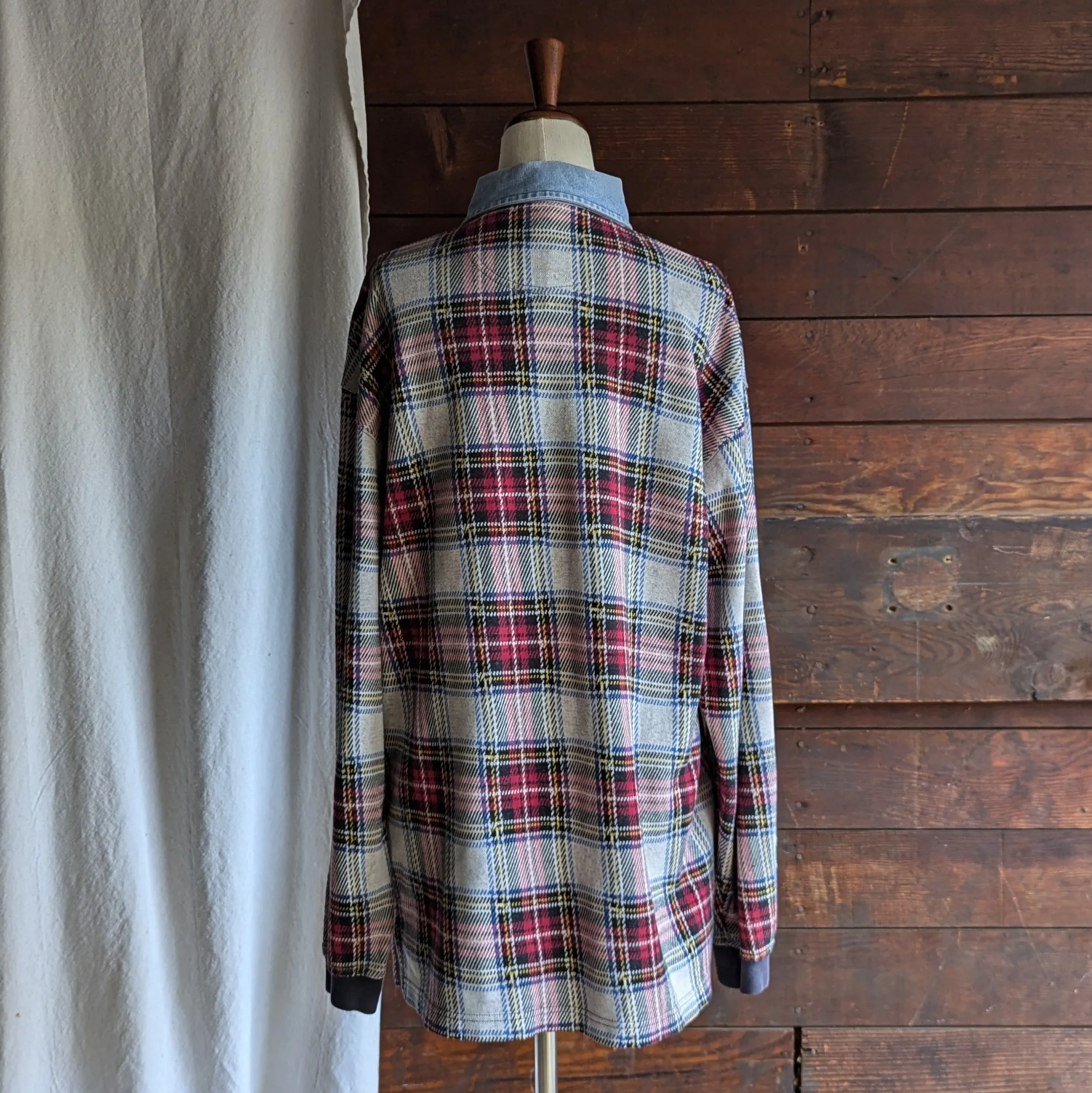 90s Vintage Plaid and Denim Polo Sweater