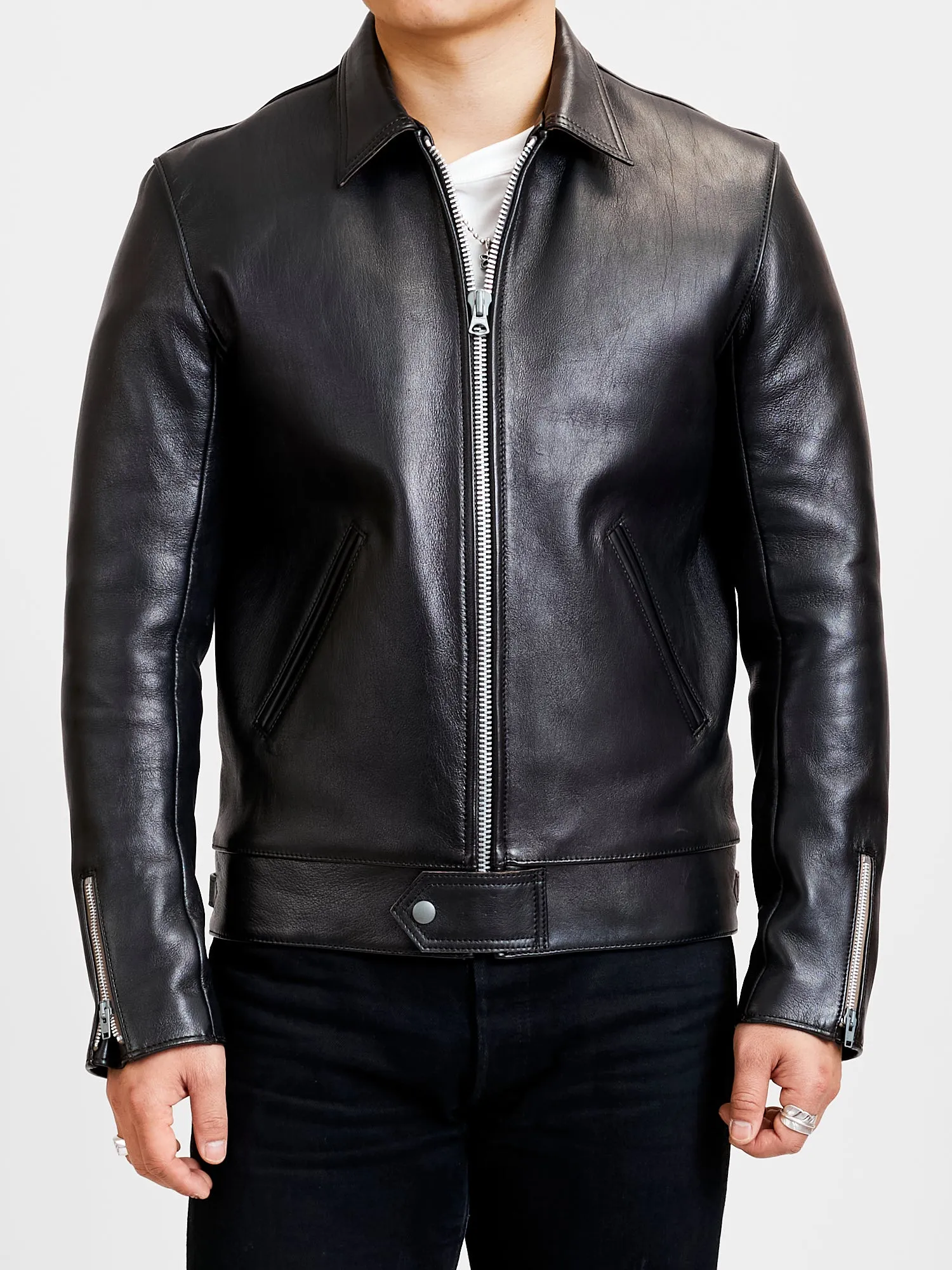 AD-01 Sheepskin Leather Center Zip Jacket in Black