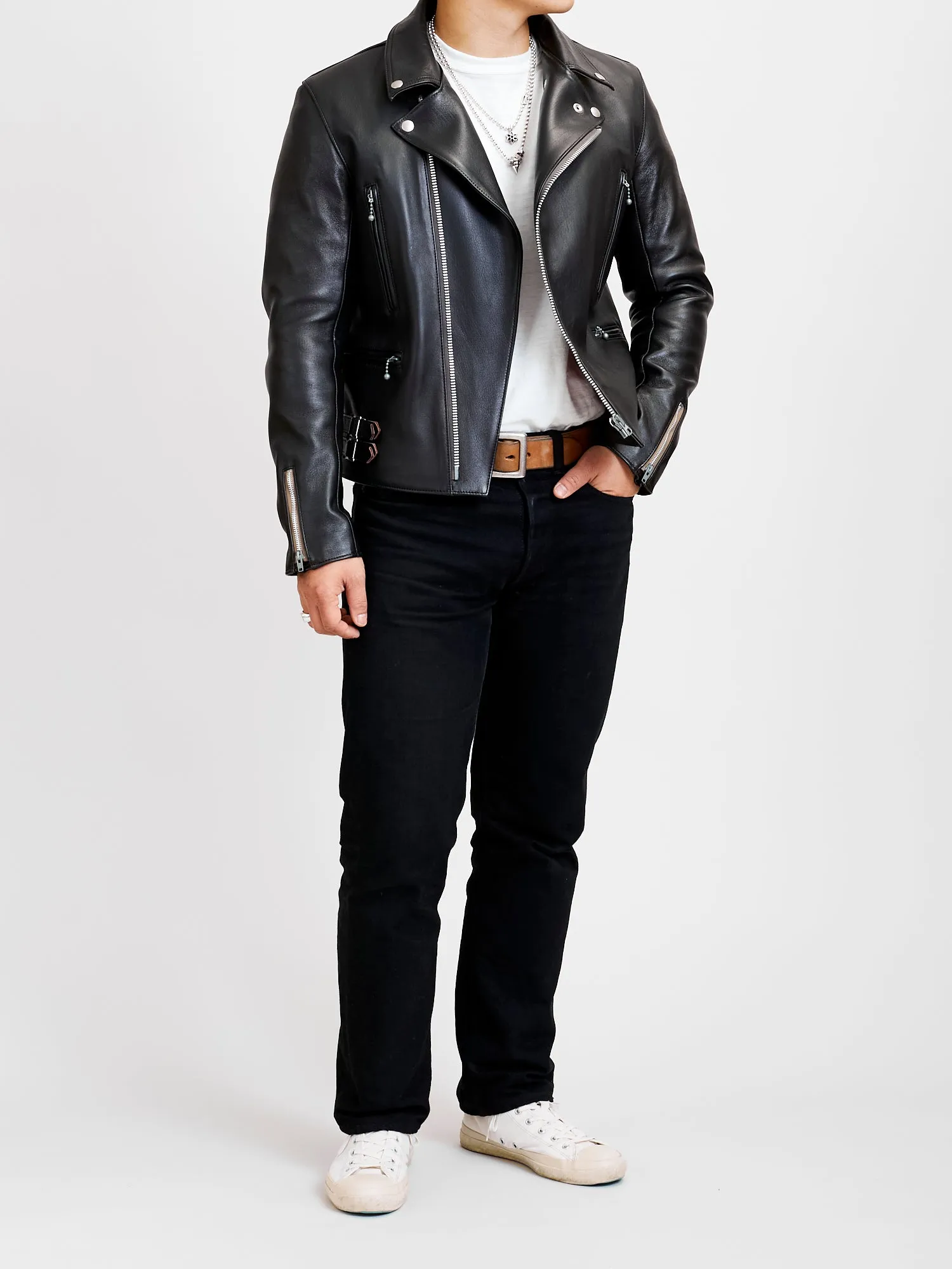 AD-02 Sheepskin Leather Double Riders Jacket in Black