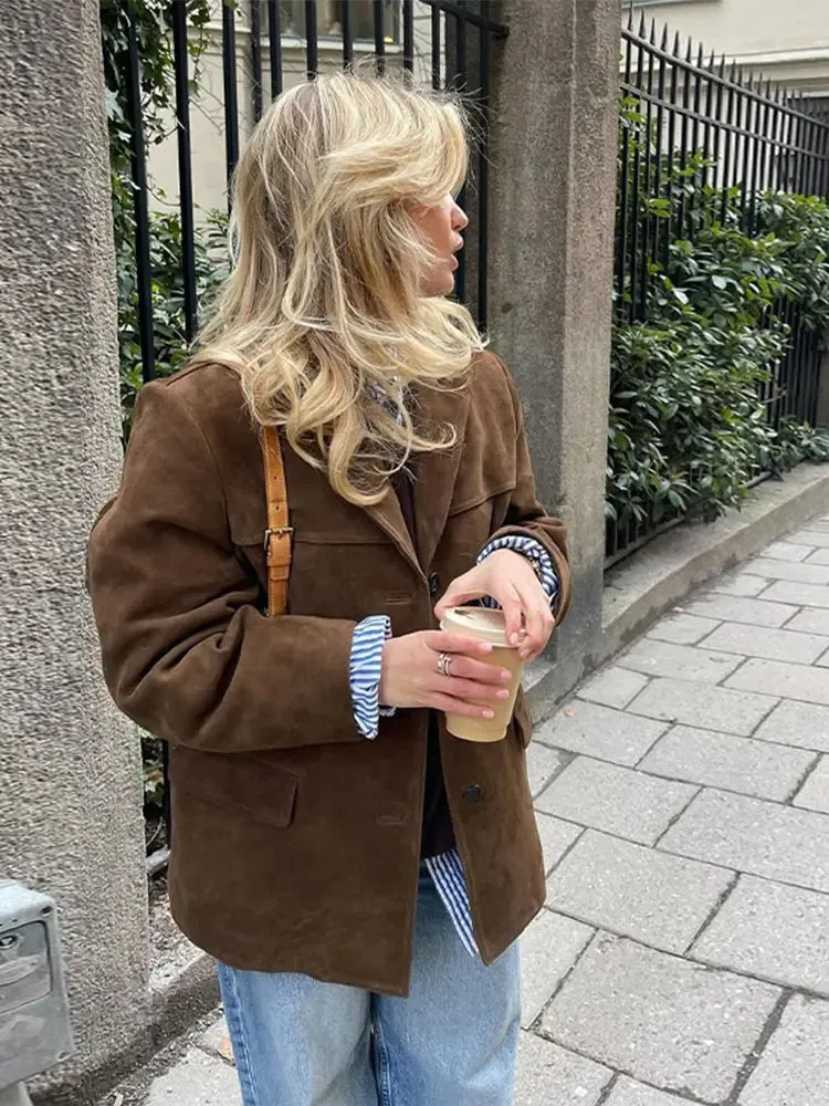 Advbridge Ins Fashion Brown Lapel With Pocket Jacket Woman Casual Single Breasted Long Sleeve Short Coat 2024 Lady Autumn Street Outerwear