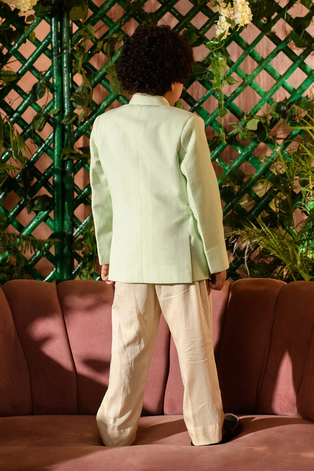 Afna  -  Pastel Green Blazer Paired With Vegan Silk  Trouser Set