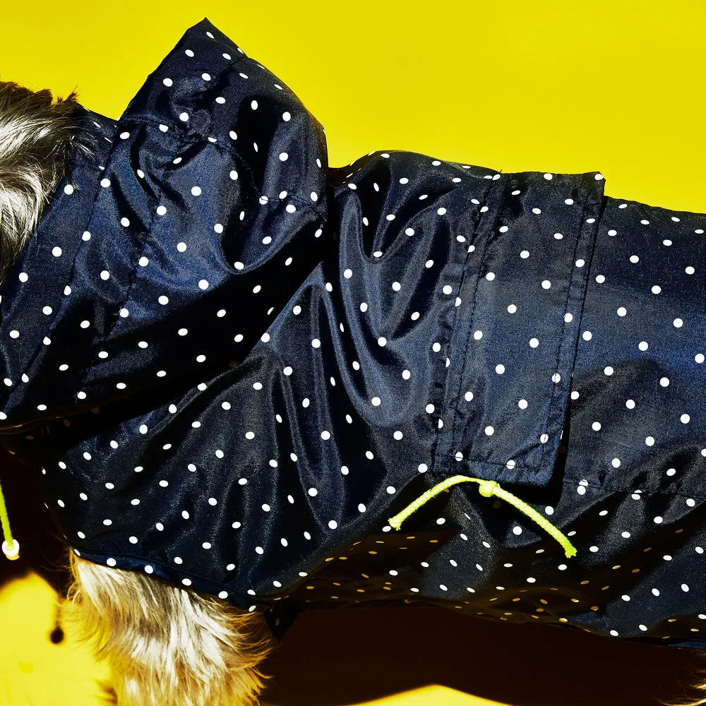 Anorak Dog Raincoat with Hood: Navy / White Polka Dot