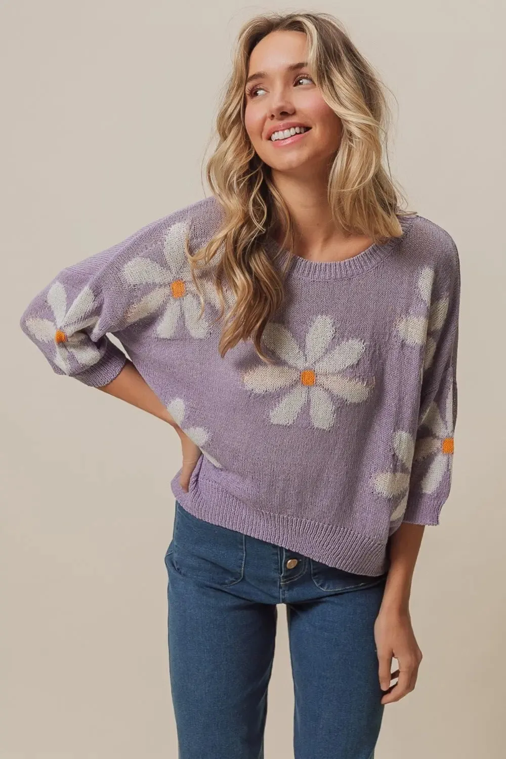 Autumn  Floral Pattern Slit Sweater