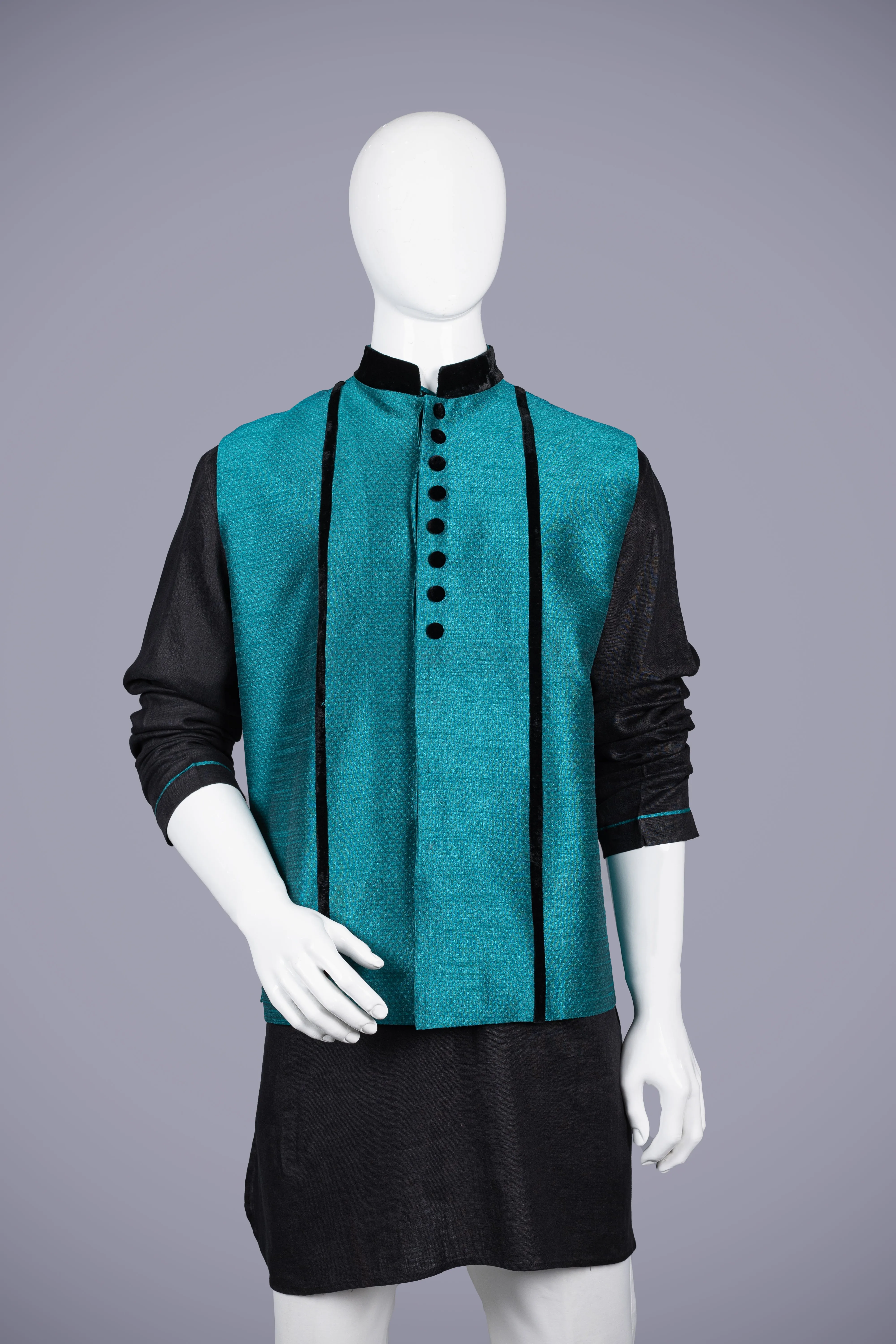 Black & Rama Linen Nehru Jacket Set