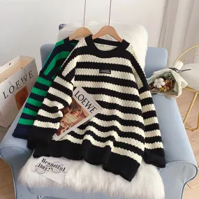 Black and white striped sweater fashion foreign style sweater top  4943