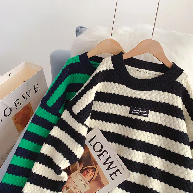 Black and white striped sweater fashion foreign style sweater top  4943