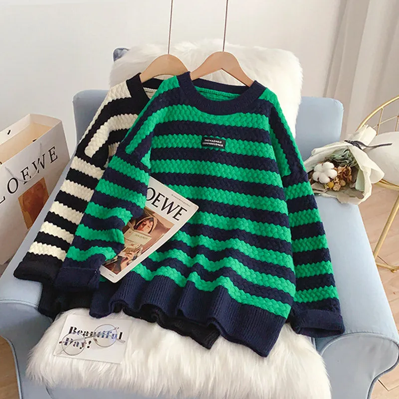 Black and white striped sweater fashion foreign style sweater top  4943