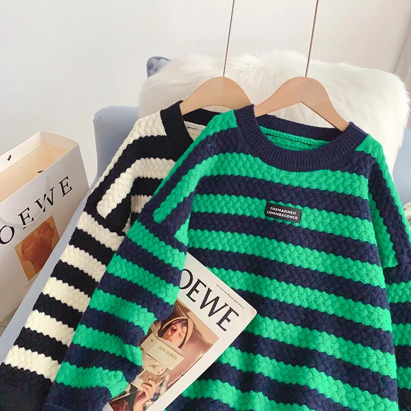 Black and white striped sweater fashion foreign style sweater top  4943