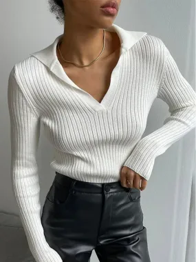 Black Friday Joskaa Elegant Lapel Knitted Pollovers For Women Slim Striped Solid Color Polo Sweater Long Sleeve Female 2024 Autumn Fashion