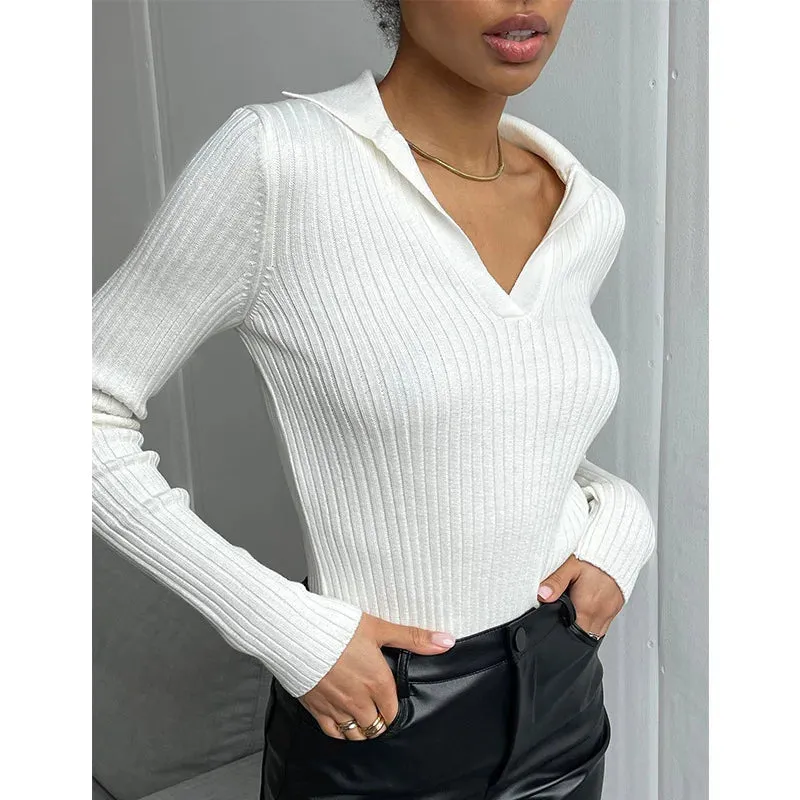 Black Friday Joskaa Elegant Lapel Knitted Pollovers For Women Slim Striped Solid Color Polo Sweater Long Sleeve Female 2024 Autumn Fashion