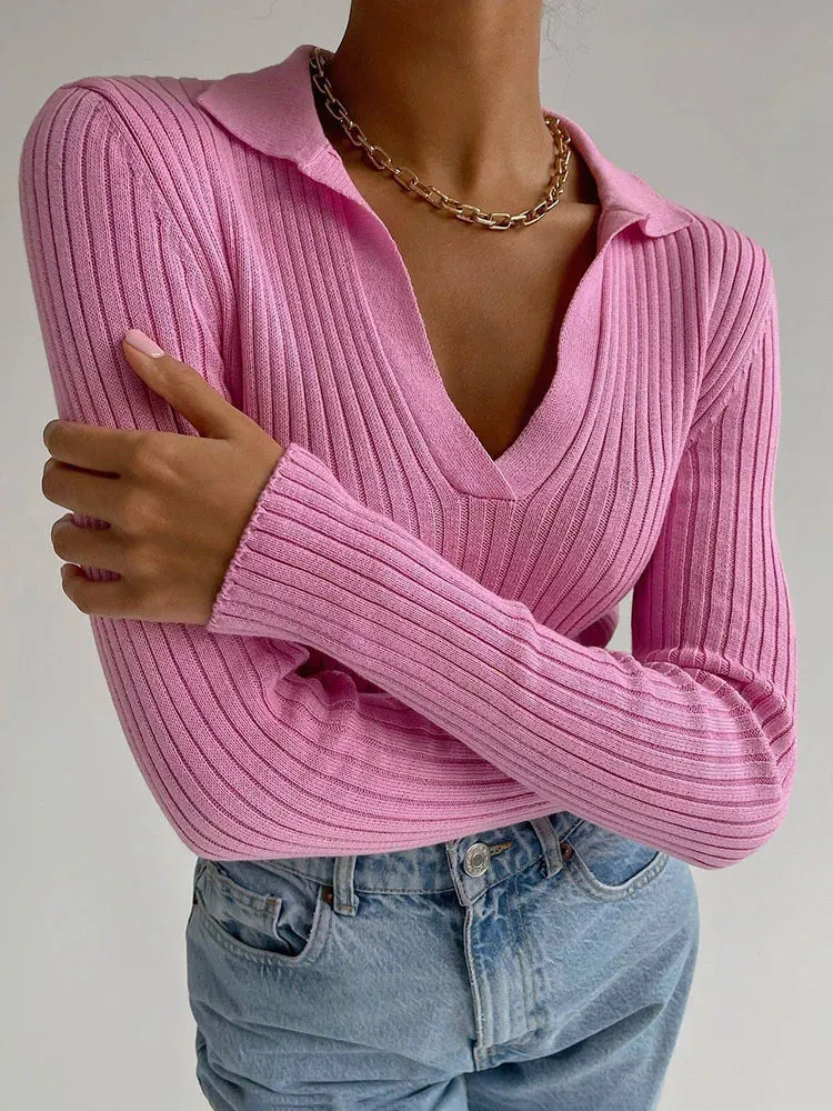 Black Friday Joskaa Elegant Lapel Knitted Pollovers For Women Slim Striped Solid Color Polo Sweater Long Sleeve Female 2024 Autumn Fashion