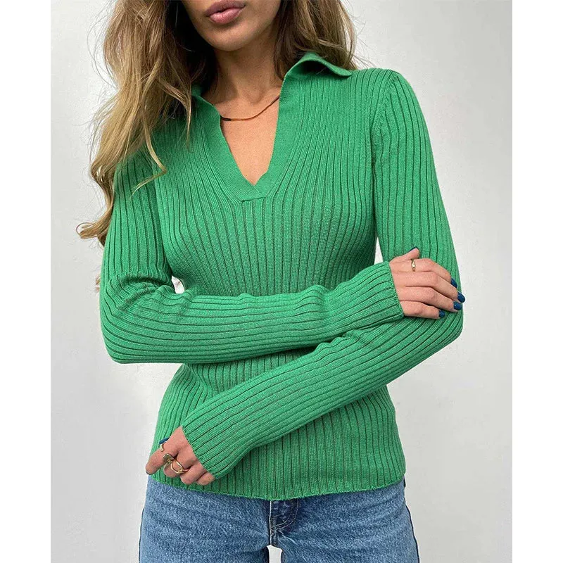 Black Friday Joskaa Elegant Lapel Knitted Pollovers For Women Slim Striped Solid Color Polo Sweater Long Sleeve Female 2024 Autumn Fashion