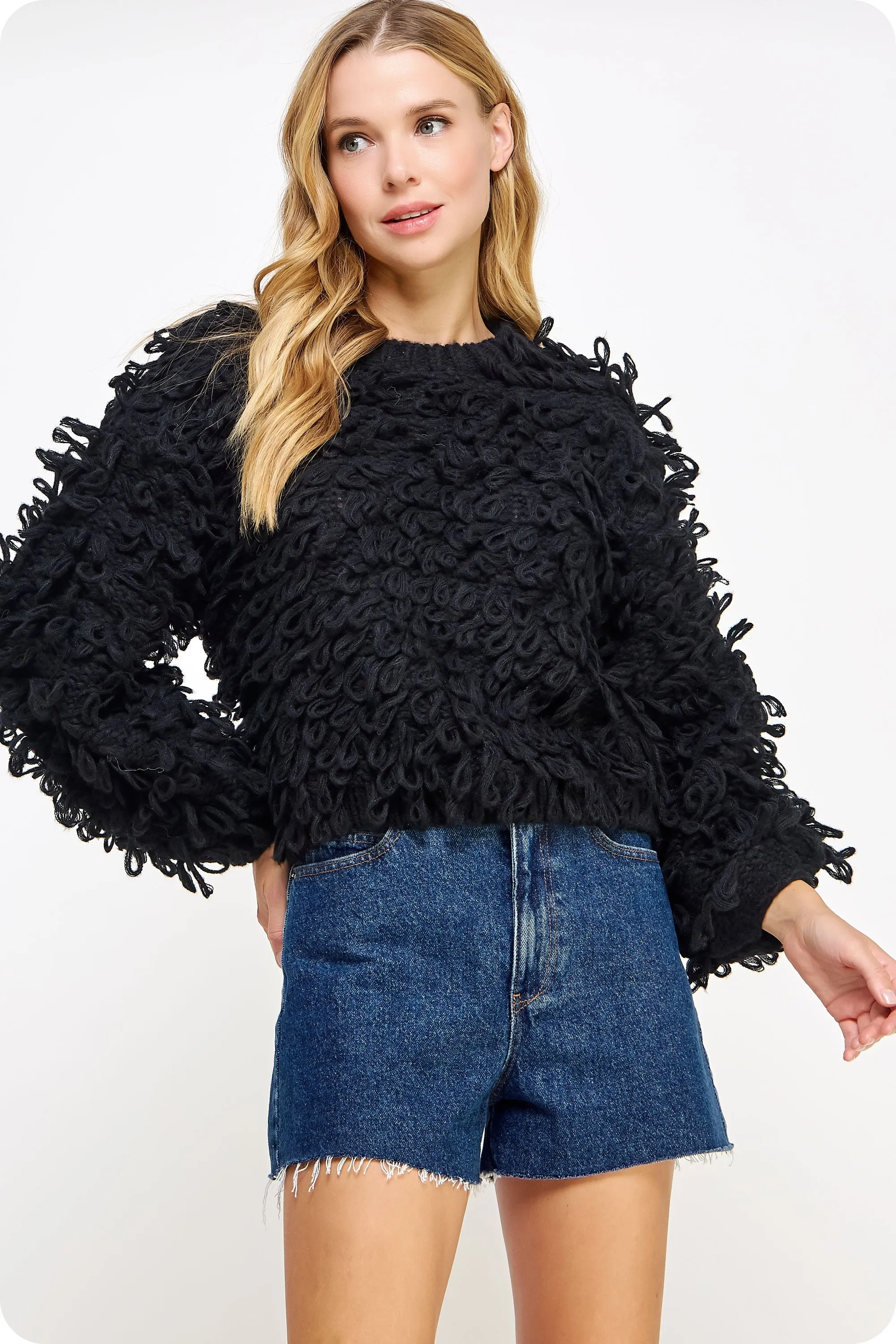 Black Knitted Fringe Shaggy Sweater