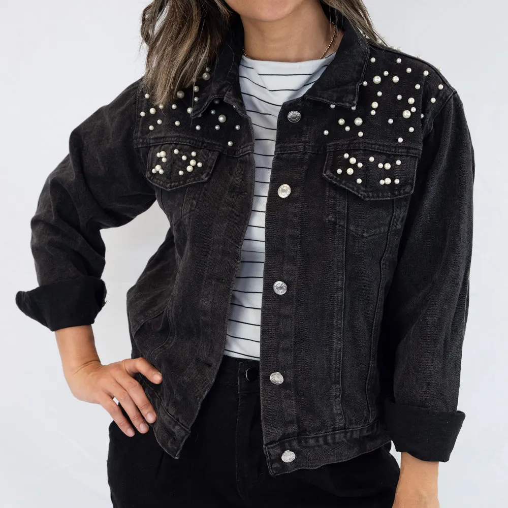 (Black Pearl) Custom Mrs. Ortega  Pearl Denim Jacket