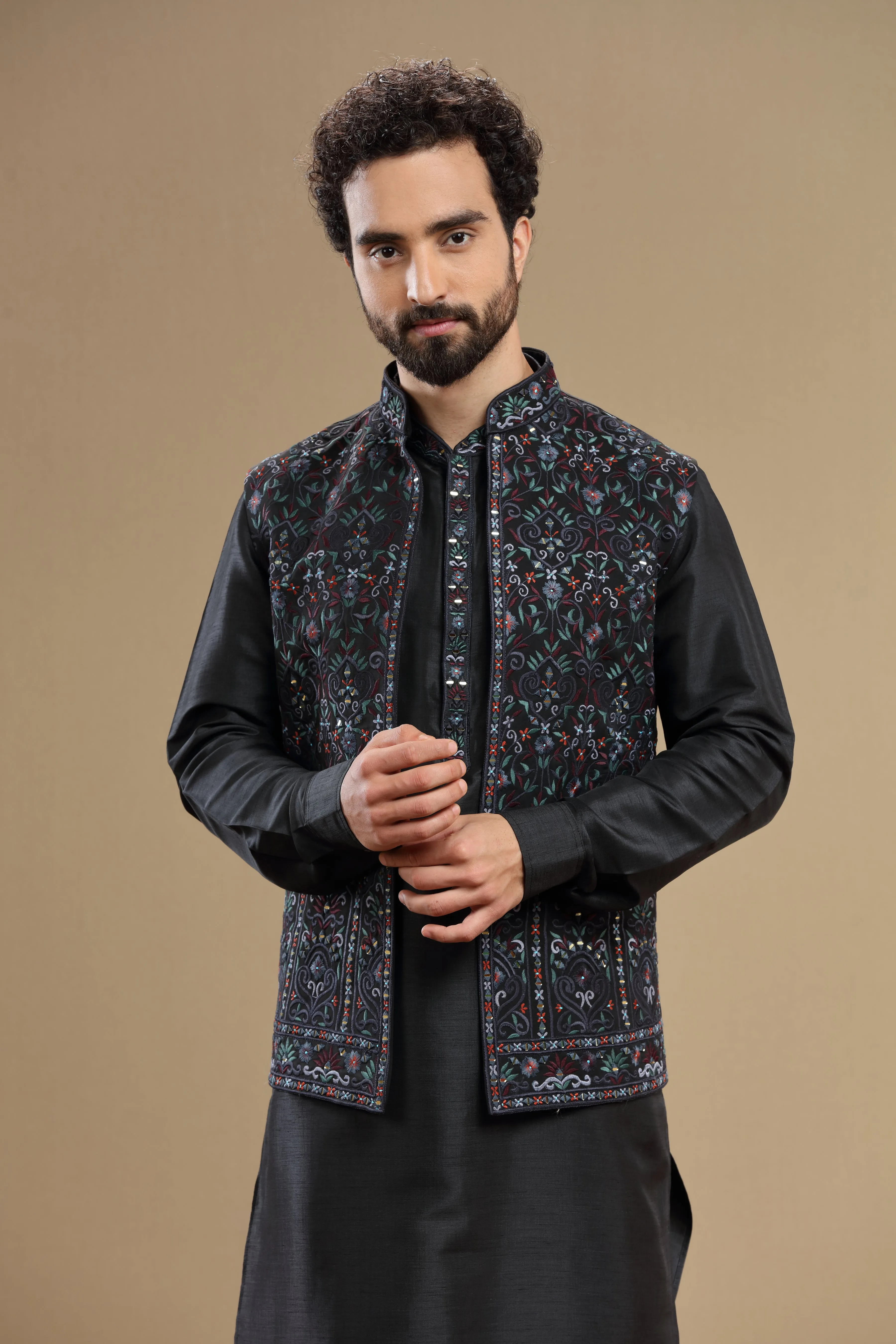 Black Silk jacket set with floral embroidery