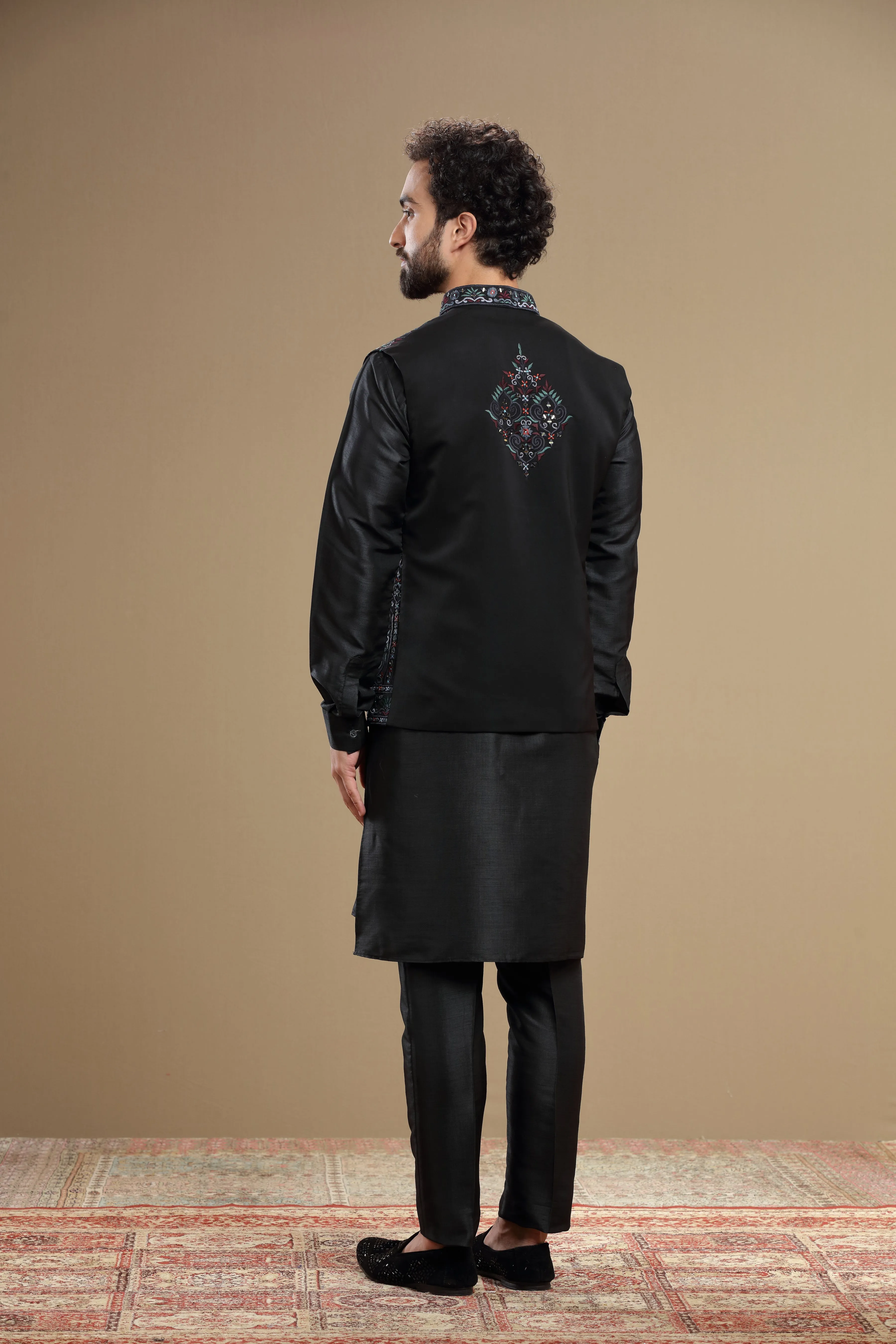 Black Silk jacket set with floral embroidery