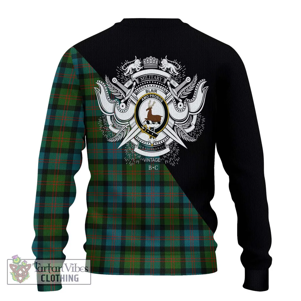 Blair Ancient Tartan Ugly Sweater with Family Crest and Military Logo Style