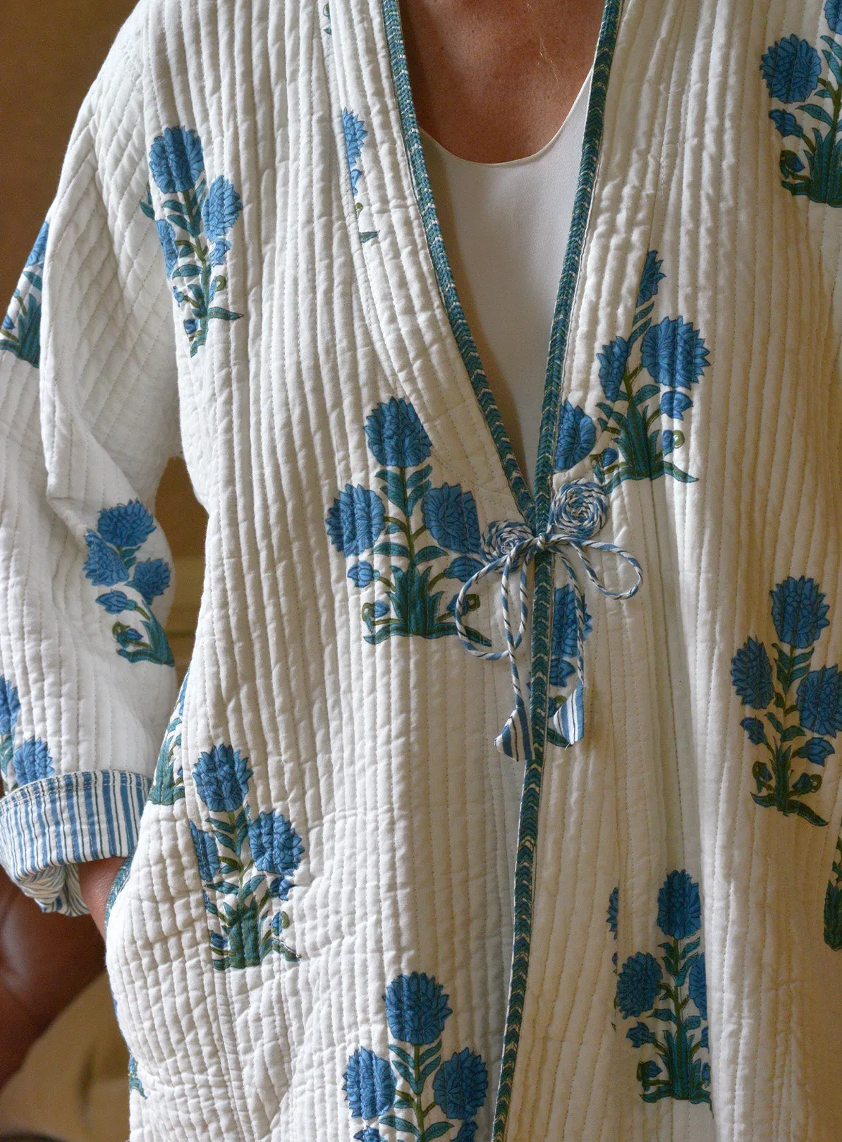 Block-printed Cotton Quilted Reversible Housecoat | Bleu