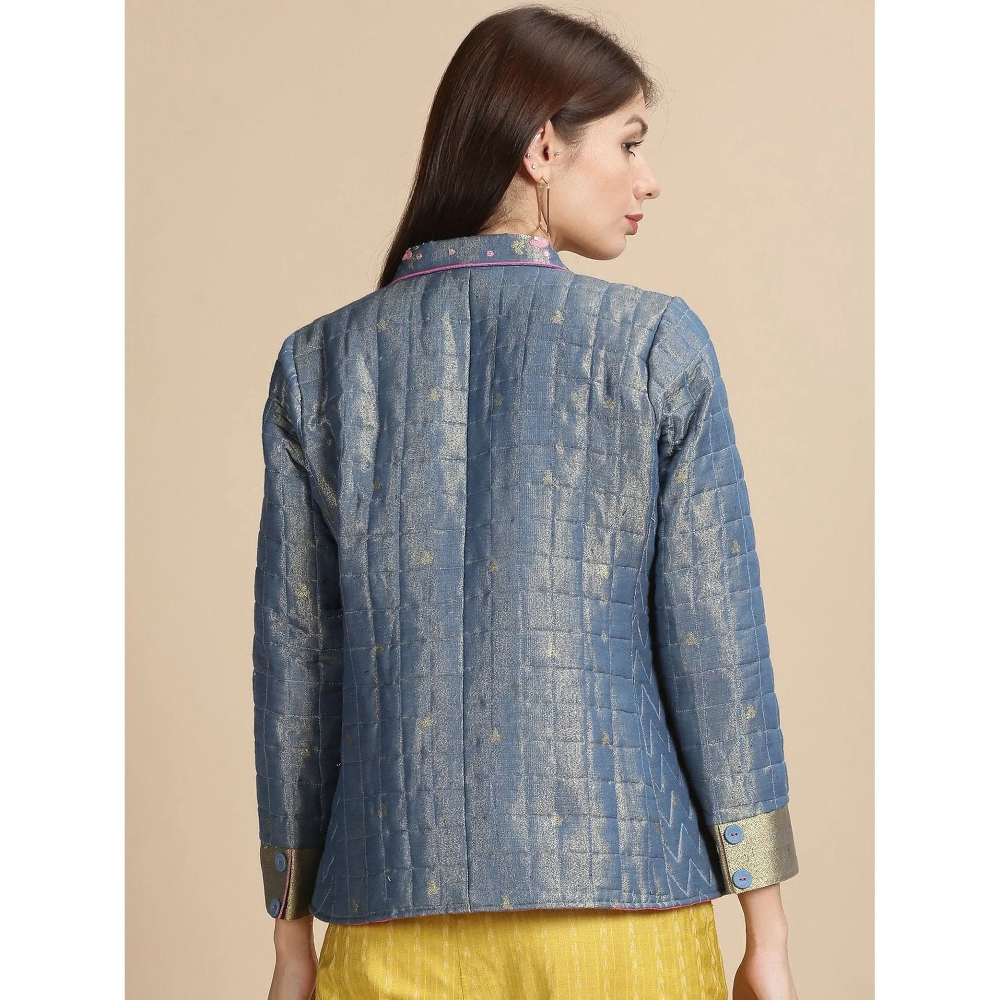 Blue Silk Zari Quilted Jacket