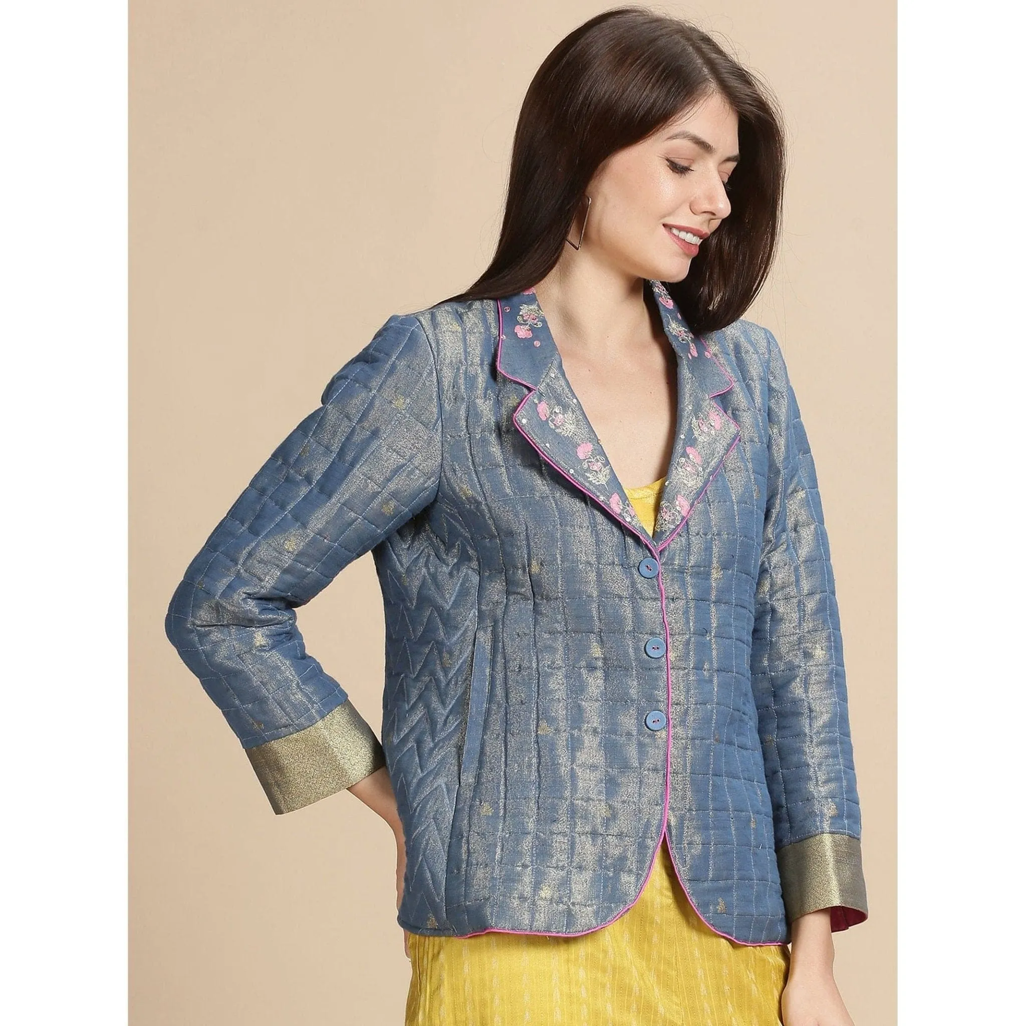 Blue Silk Zari Quilted Jacket