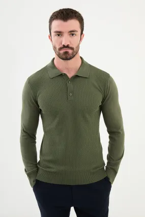 Brabion Marco Patterned Slim Fit Polo Neck Khaki Knitwear Sweater