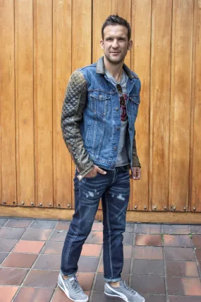 BROOKLYN AX Jean & Leather Jacket Blue Denim & Distressed Quilted Leather Sleeves