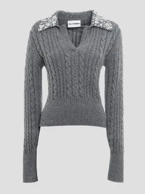 Cable-Knit Wool-Blend Polo Sweater with Crystal Embellishments