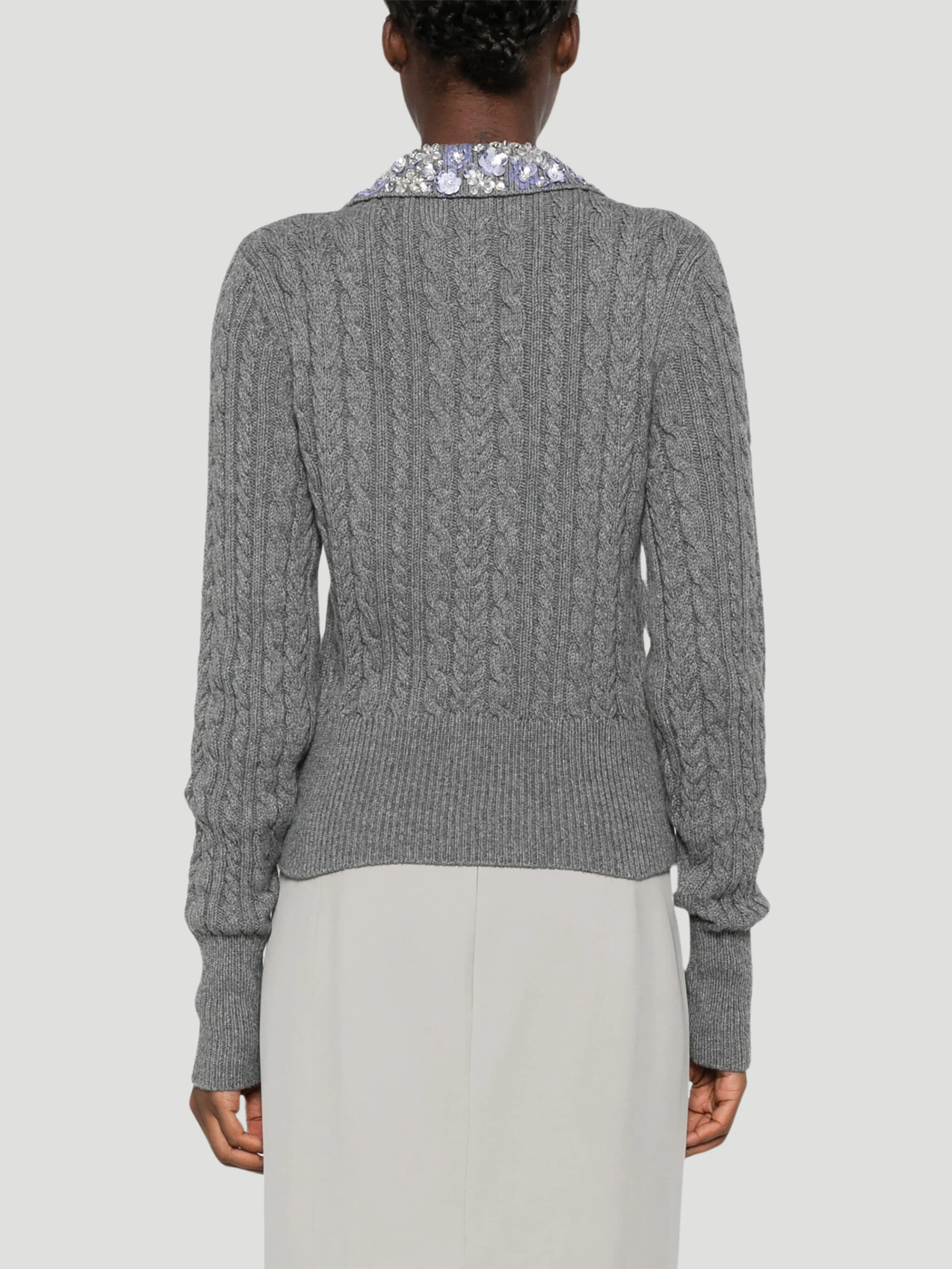 Cable-Knit Wool-Blend Polo Sweater with Crystal Embellishments