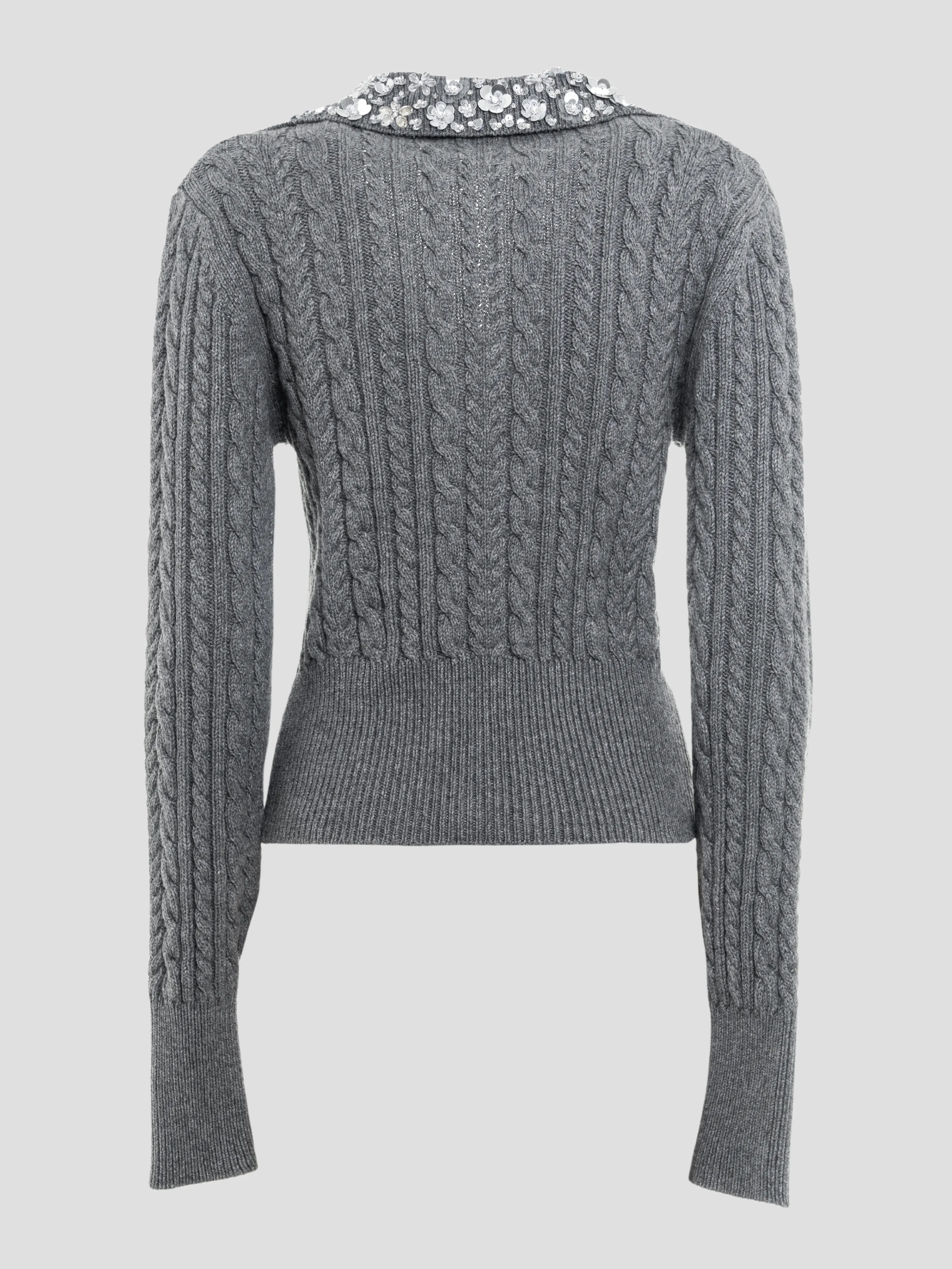 Cable-Knit Wool-Blend Polo Sweater with Crystal Embellishments