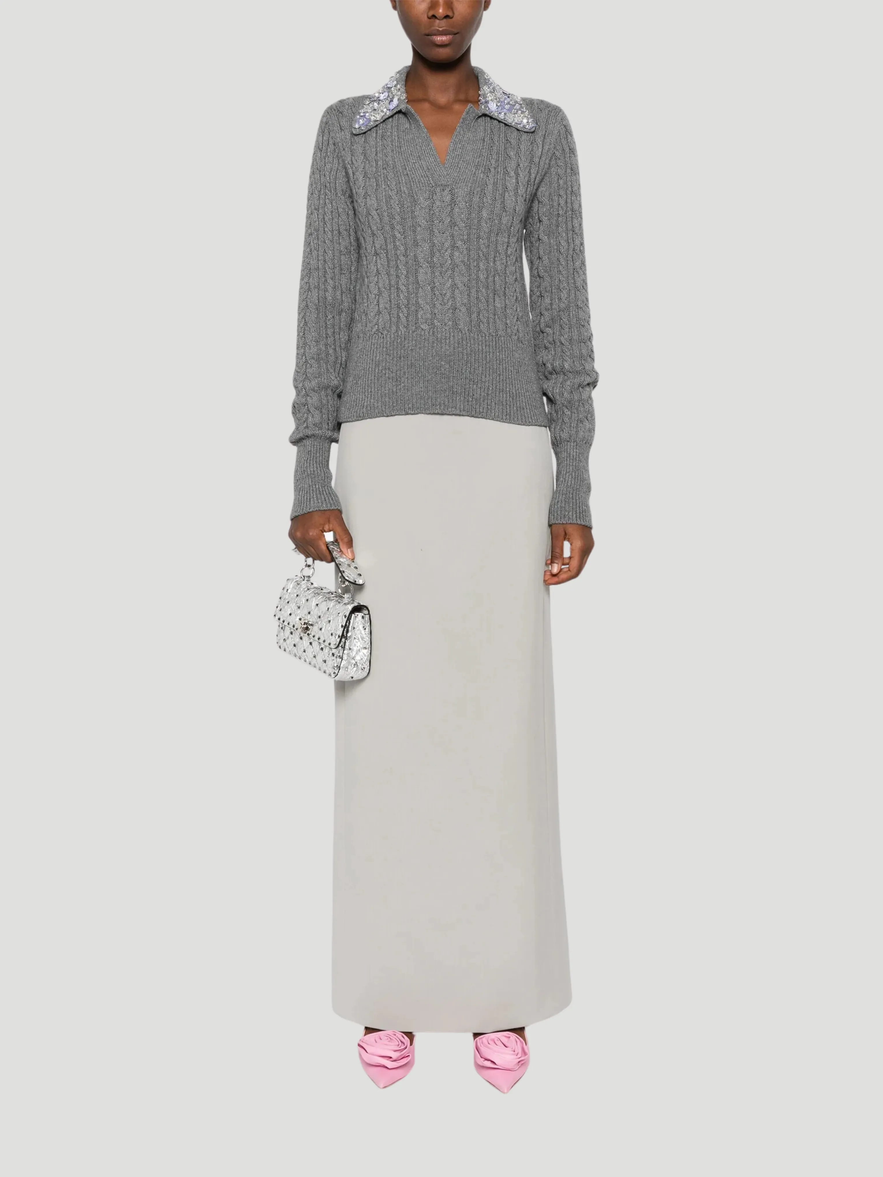 Cable-Knit Wool-Blend Polo Sweater with Crystal Embellishments