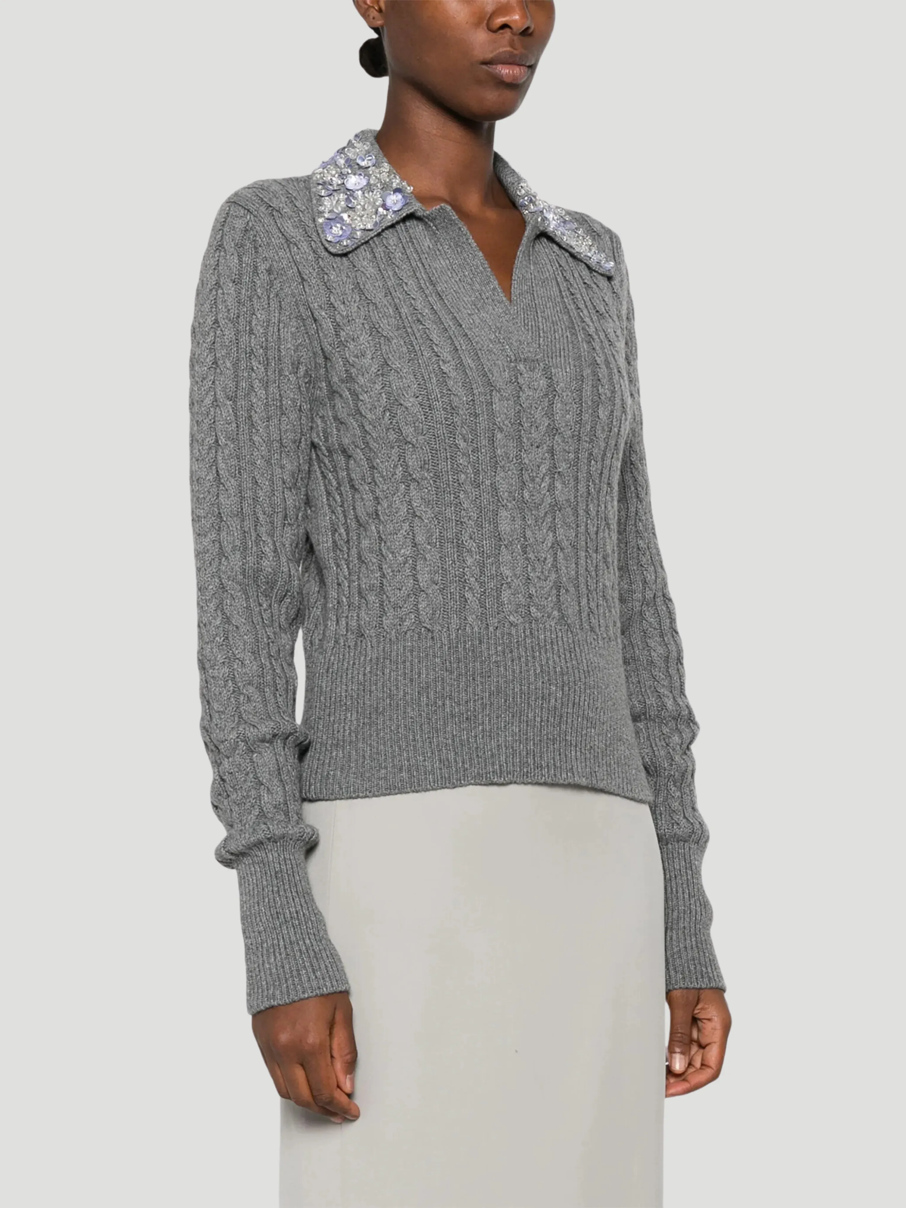 Cable-Knit Wool-Blend Polo Sweater with Crystal Embellishments