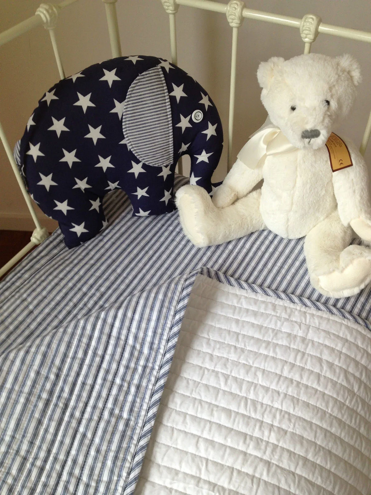 Cameron Cotton Quilted Cot Coverlet Blanket in Blue & White Ticking Stipe