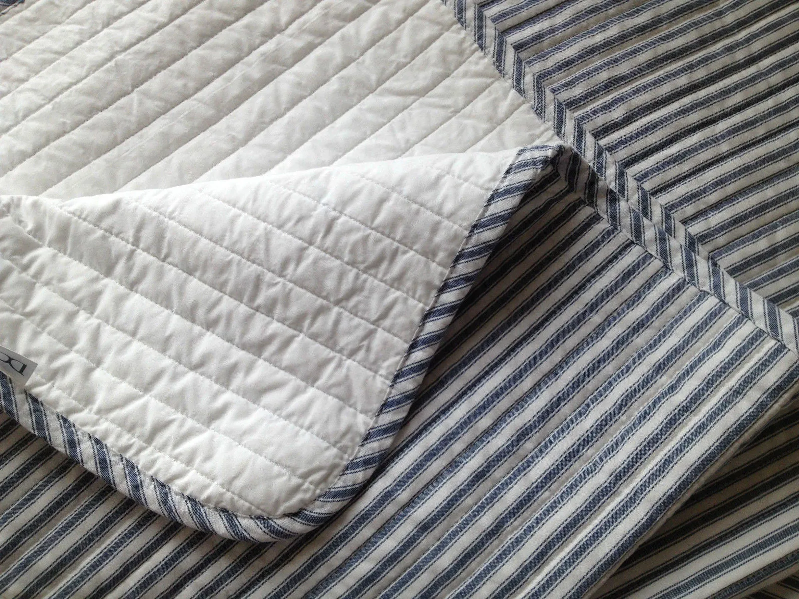 Cameron Cotton Quilted Cot Coverlet Blanket in Blue & White Ticking Stipe