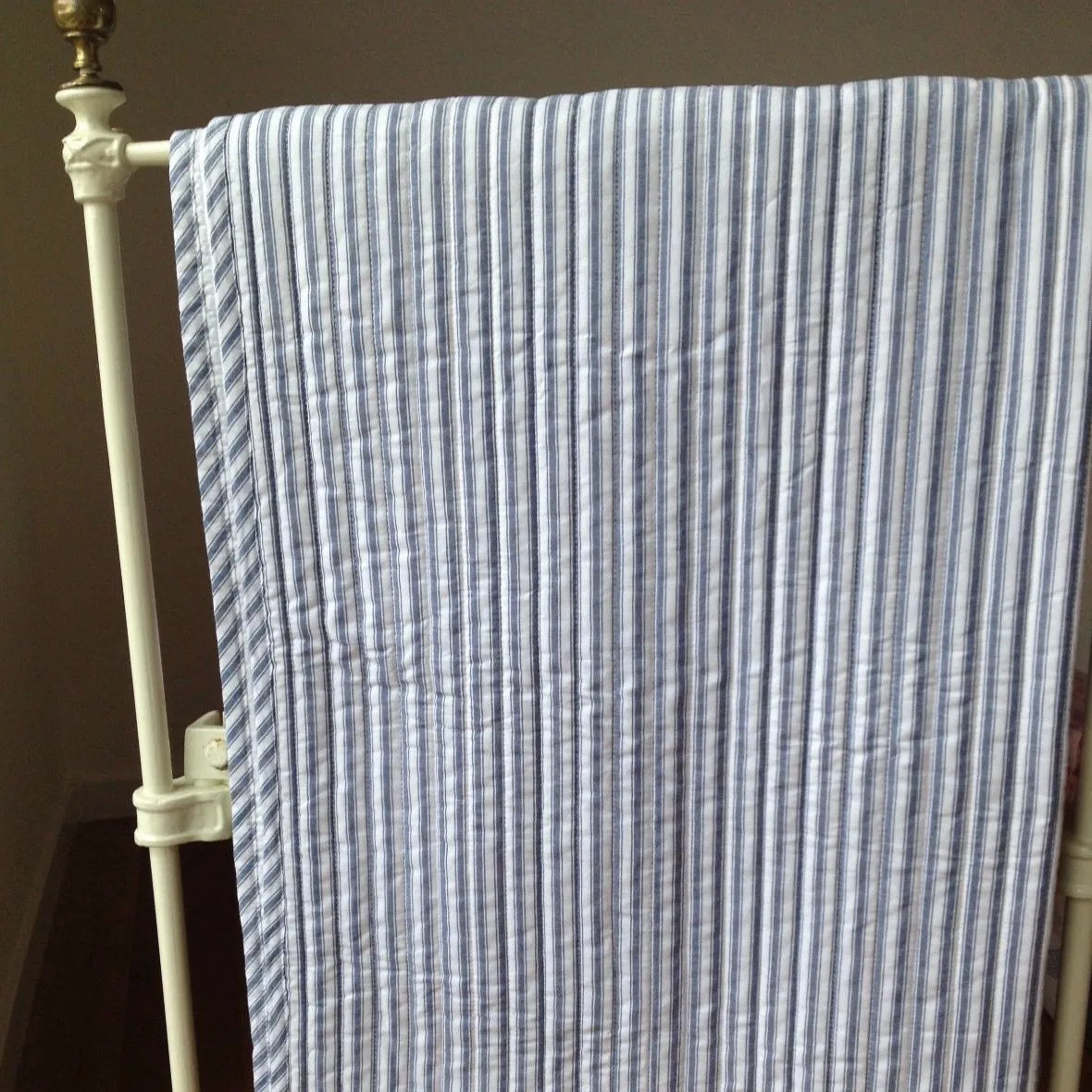 Cameron Cotton Quilted Cot Coverlet Blanket in Blue & White Ticking Stipe