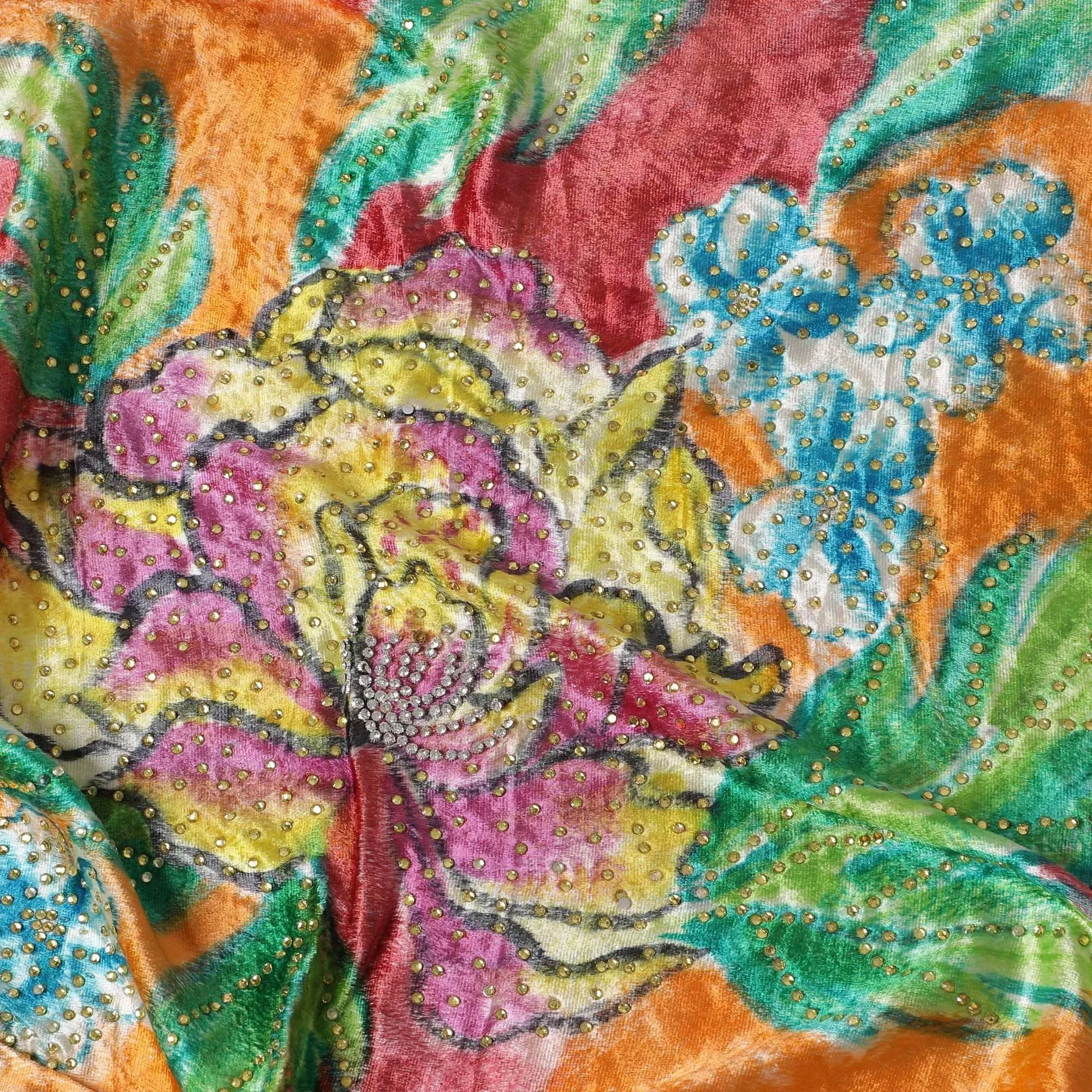 Cantaloupe orange and desire red Rayon velvet fabric with multicolor print and green stones in leaf design