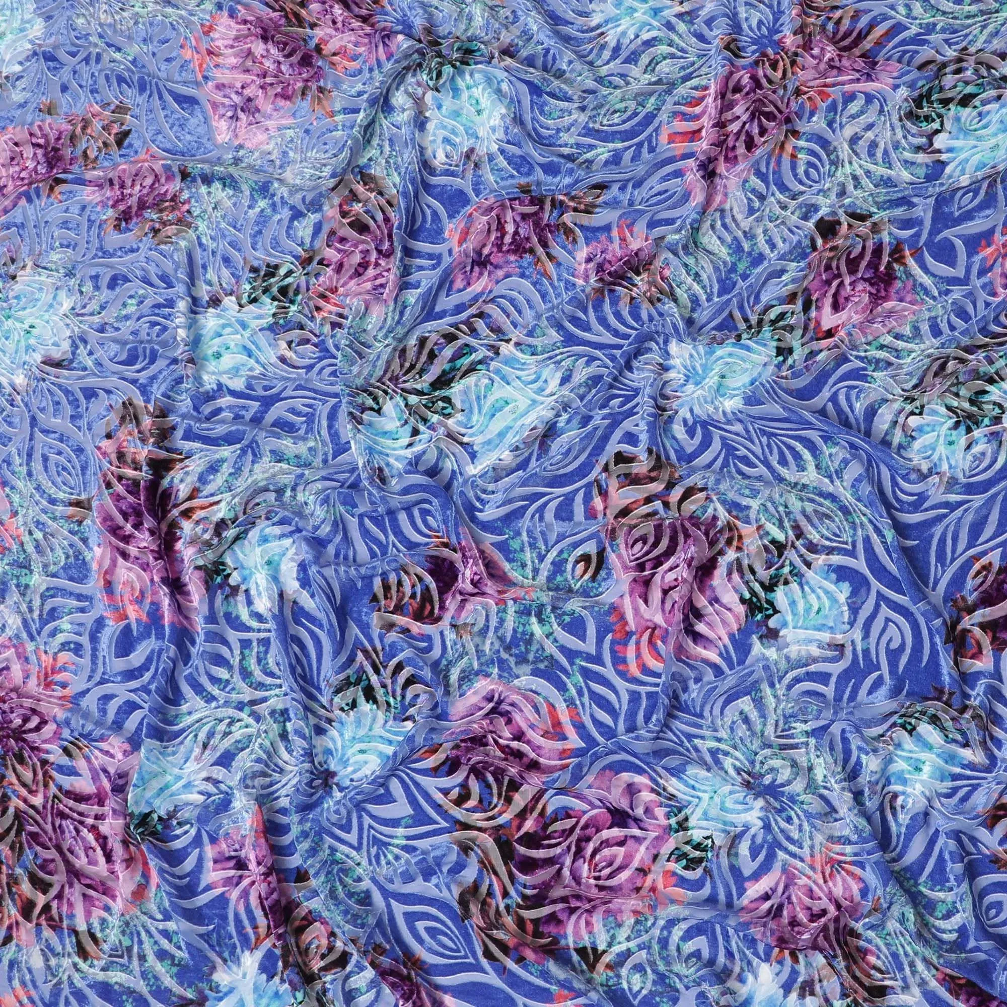 Carolina blue Premium Italian silk chiffon dirac (makmal) fabric with multicolor print having velvet jacquard in floral design-D8707