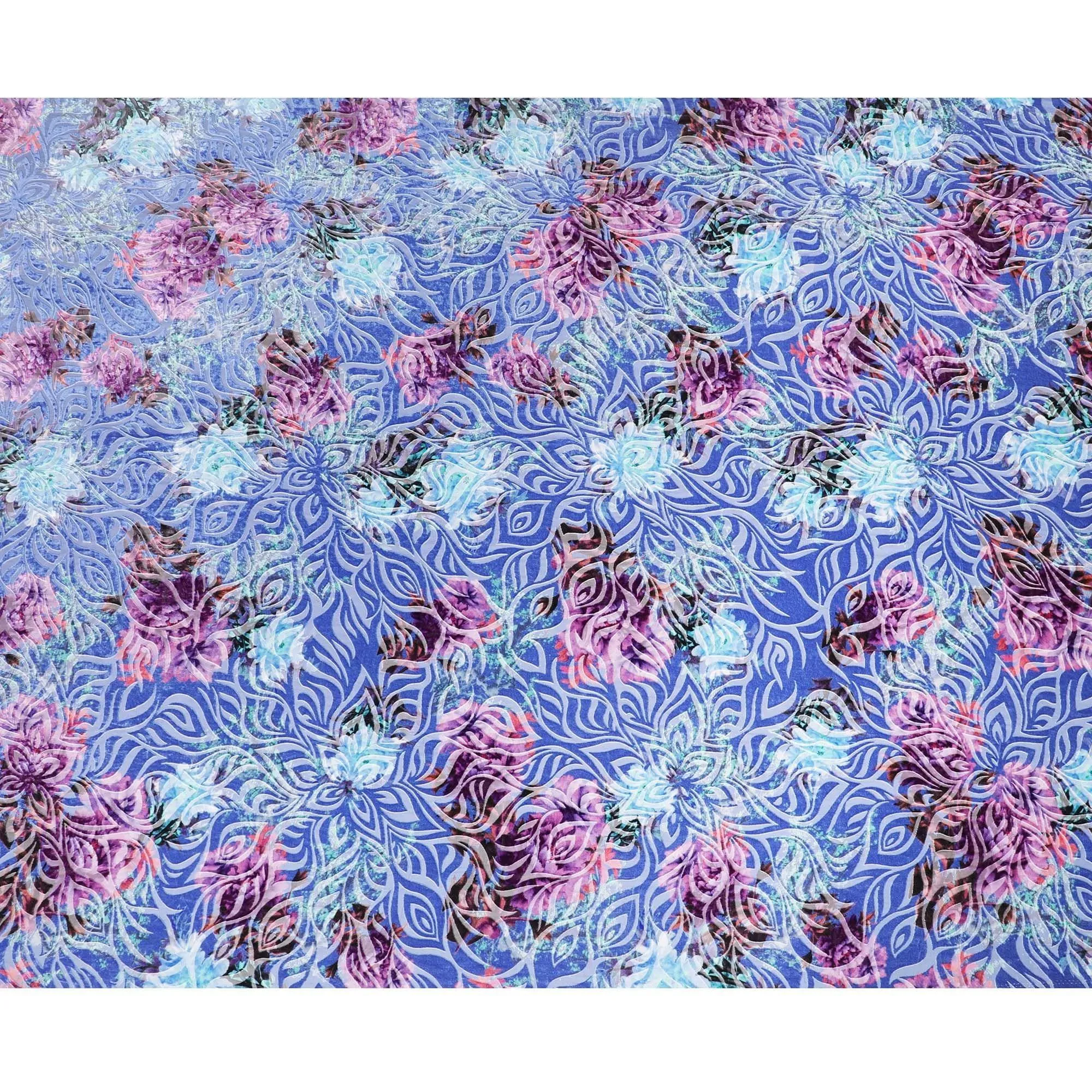 Carolina blue Premium Italian silk chiffon dirac (makmal) fabric with multicolor print having velvet jacquard in floral design-D8707