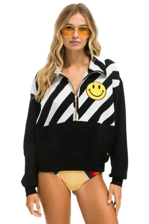 CAUTION SMILEY 2 EMBROIDERY FLEECE HALF ZIP SWEATSHIRT - BLACK // WHITE