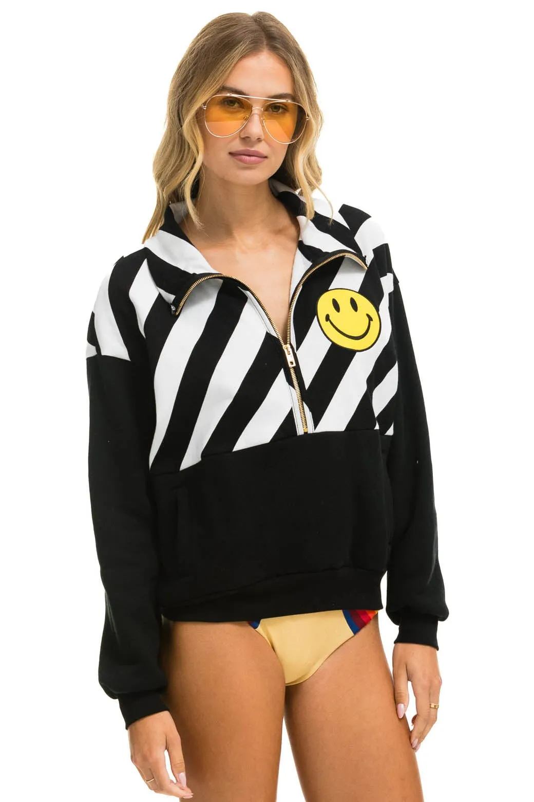 CAUTION SMILEY 2 EMBROIDERY FLEECE HALF ZIP SWEATSHIRT - BLACK // WHITE