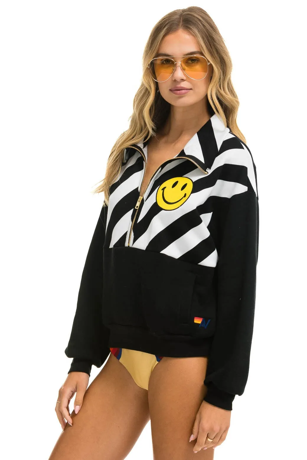 CAUTION SMILEY 2 EMBROIDERY FLEECE HALF ZIP SWEATSHIRT - BLACK // WHITE