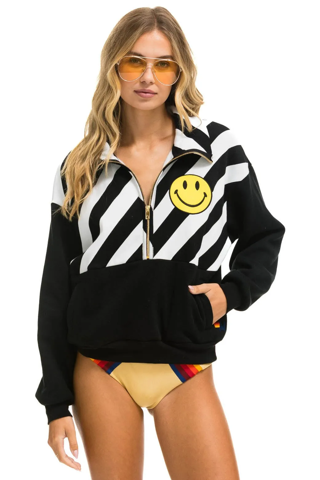 CAUTION SMILEY 2 EMBROIDERY FLEECE HALF ZIP SWEATSHIRT - BLACK // WHITE