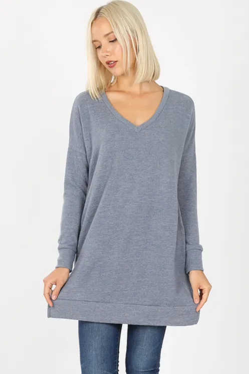 Cement V-Neck Sweater with Pockets