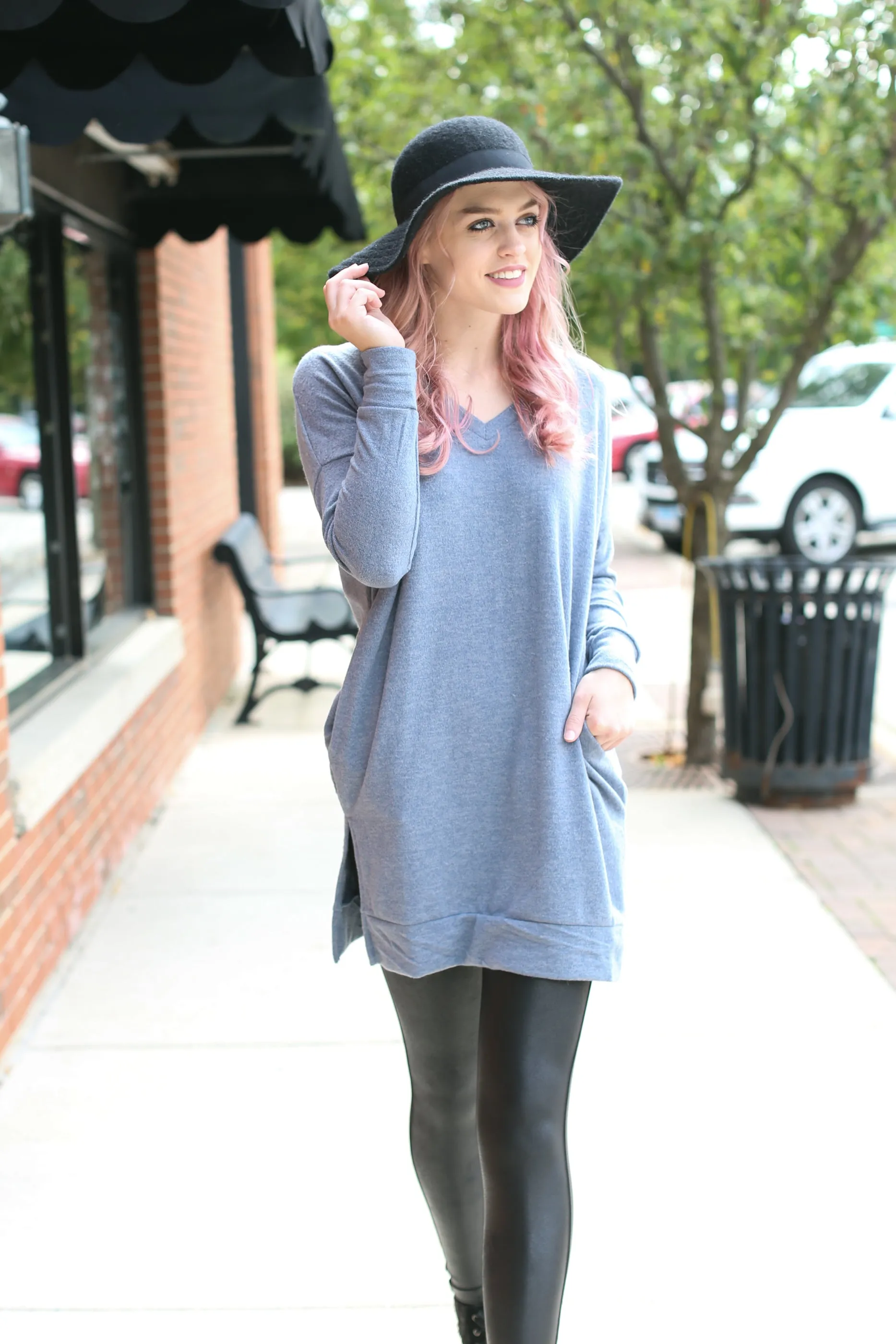 Cement V-Neck Sweater with Pockets