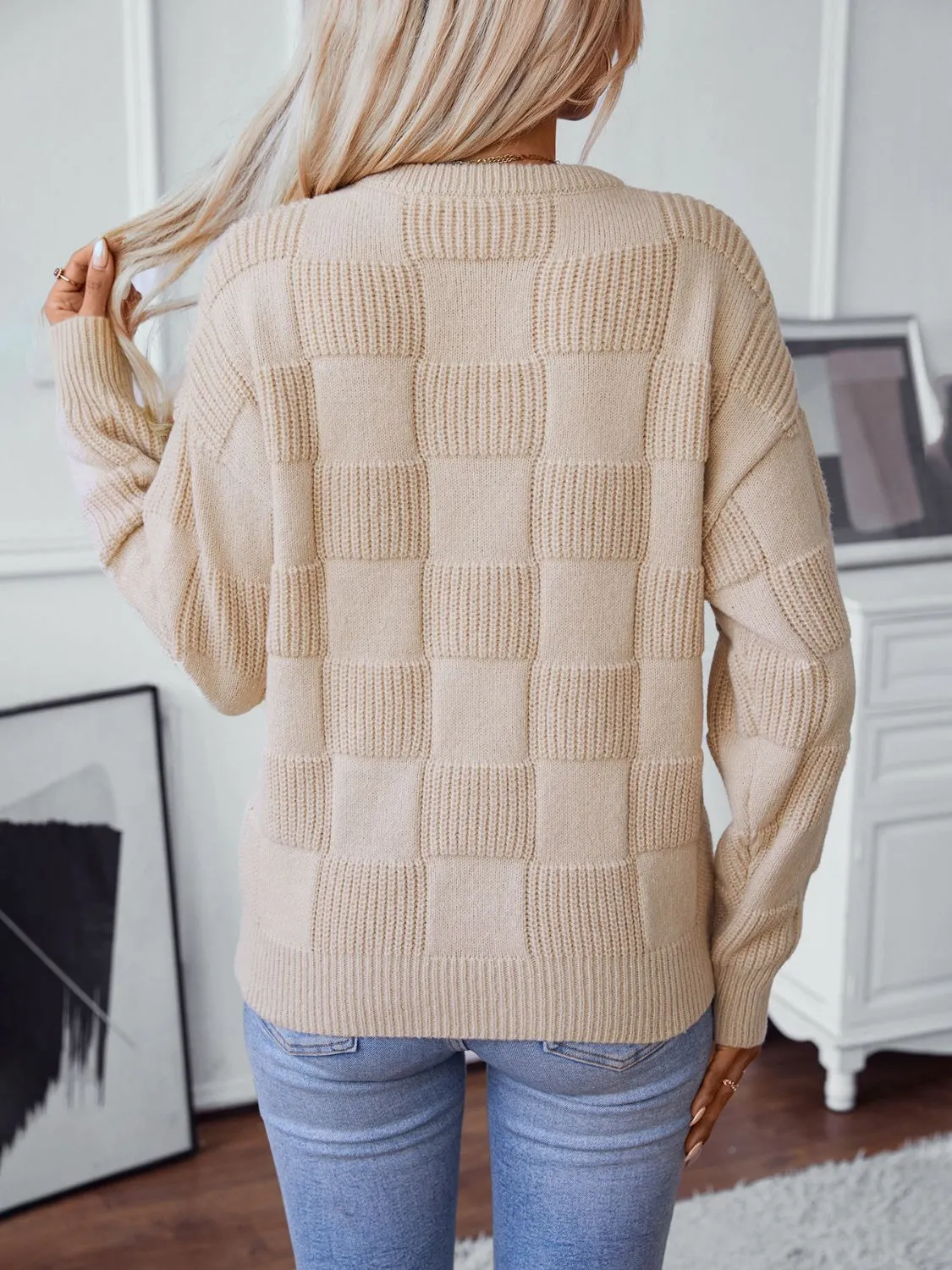 Checkered Round Neck Long Sleeve Sweater | Winter Fashion | Christmas Sweaters