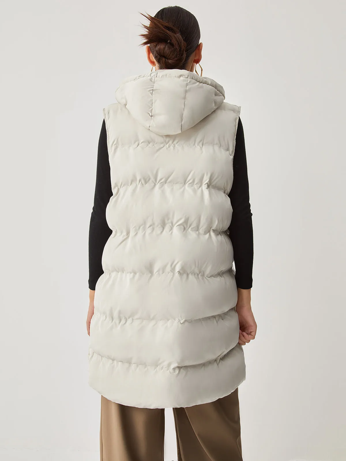 CHICMY- Double Pockets Hooded Quilted Puffer Longline Coat