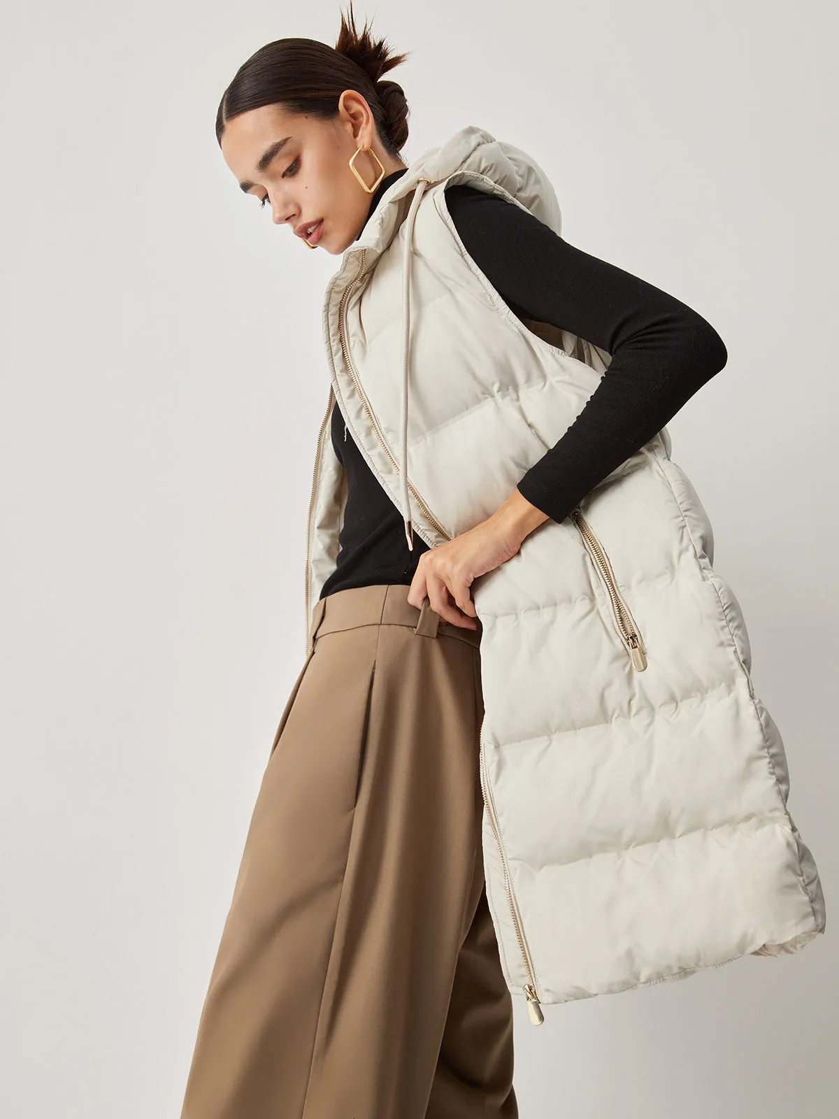 CHICMY- Double Pockets Hooded Quilted Puffer Longline Coat